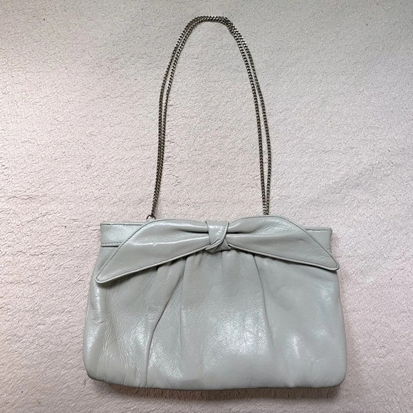 Vintage Leather/Chain Purse Bow Handbag-Grey-Clutch-Vtg-Gray-Retro-Tradwife-60s - Picture 1 of 15